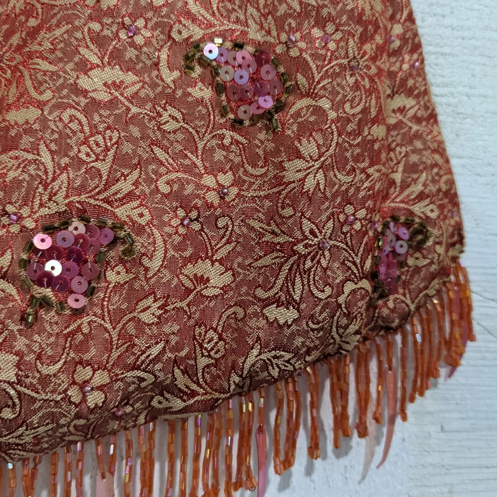 Embroidered & Beaded Fringe Evening Bag With Bamboo Handle